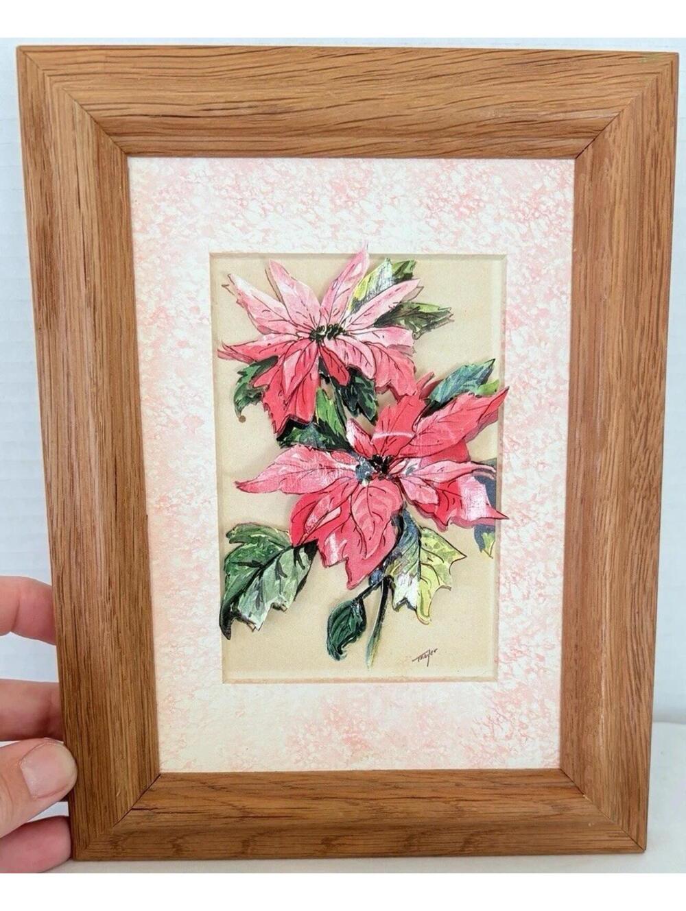 Framed 3D Poinsettia Floral Art Print With Oak Wood Frame